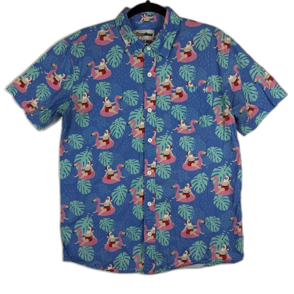 Tipsy Elves Shirt Mens Large Blue Pool Santa Hawaiian Christmas Party Casual